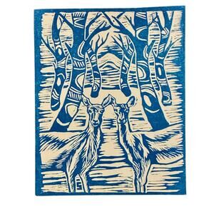 Blue Folk Art Deer Print | Whimsical Forest Scene | 14x11 Canvas Board